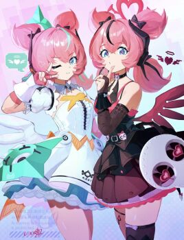 Rule 34 | 2girls, aqua hair, aqua streaks, aria (discordant note) (zenless zone zero), aria (human) (zenless zone zero), aria (zenless zone zero), bare shoulders, black bridal gauntlets, black choker, black dress, black hair, black streaks, blue eyes, bridal gauntlets, center frills, choker, collarbone, commentary request, cowboy shot, crossed bangs, detached collar, dress, dual persona, fingerless gloves, frills, gloves, hair between eyes, highres, looking at viewer, multicolored hair, multiple girls, official alternate costume, one eye closed, pink gloves, pink hair, red wings, skull ornament, star-shaped pupils, star (symbol), streaked hair, symbol-shaped pupils, uixy, v, v over eye, white dress, white wings, wings, zenless zone zero