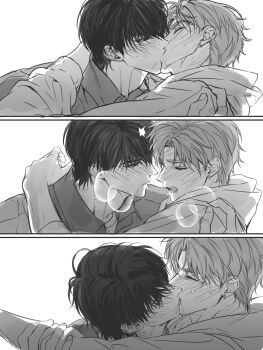 Rule 34 | 2boys, blush, closed eyes, drooling, earrings, french kiss, greyscale, hand on another's arm, hand on another's shoulder, highres, hood, hood down, hoodie, jewelry, kiss, long sleeves, looking at another, male focus, monochrome, multiple boys, original, saliva, saliva trail, single earring, sobu sb, white background, yaoi