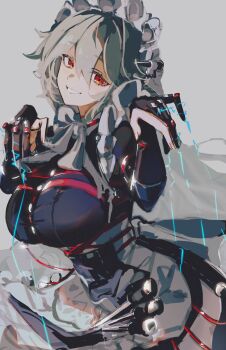 1girl absurdres alexandrina_sebastiane black_dress black_gloves breasts dress gloves grey_background grey_hair hair_between_eyes highres large_breasts long_hair looking_at_viewer maid maid_headdress mochi_upamo partially_fingerless_gloves puppet_strings red_eyes simple_background smile solo very_long_hair zenless_zone_zero