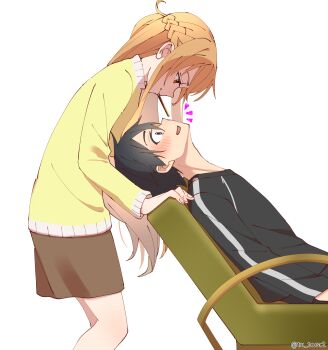 1boy 1girl :d artist_name asuna_(blue_archive) black_hair black_shirt blush braid brown_hair closed_mouth commentary_request food food_in_mouth hair_between_eyes half-closed_eyes half_up_half_down_braid highres long_hair long_sidelocks long_sleeves looking_at_another looking_down looking_up messy_hair miniskirt notice_lines open_mouth pocky pocky_day pocky_in_mouth shirt short_hair sidelocks simple_background skirt smile straight_hair sweater sword_art_online tu_tora2 twitter_username white_background wide-eyed yellow_sweater