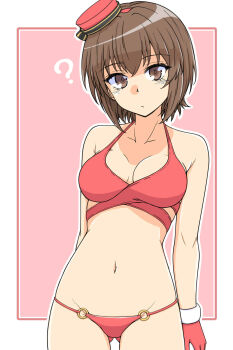 1girl ? blush breasts brown_eyes brown_hair cleavage closed_mouth commentary_request girls_und_panzer hat highres large_breasts looking_at_viewer lowleg navel nishizumi_maho panties red_panties renshiu short_hair simple_background solo underwear