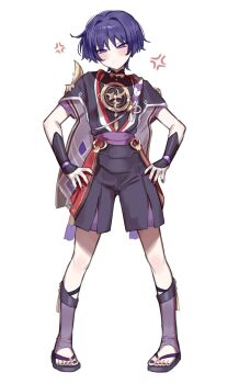 1boy anger_vein armor black_bodysuit black_sandals black_shorts black_sleeves black_trim blunt_ends blush bodysuit closed_mouth commentary covered_collarbone eyeliner eyeshadow full_body furisode genshin_impact gold gold_trim hair_intakes hands_on_own_hips highres japanese_armor japanese_clothes jewelry kimono kote kurokote layered_shorts layered_sleeves looking_at_viewer makeup male_focus mandarin_collar mitsudomoe_(shape) moo_(moo_8986) neck_ring o-ring purple_eyes purple_rope purple_sash purple_shorts purple_sleeves red_eyeliner red_eyeshadow rope sandals sash scaramouche_(genshin_impact) shimenawa short_sleeves shorts single_sode solo standing symbol-only_commentary tassel toeless_legwear toenails toes tomoe_(symbol) tsurime white_background white_rope wispy_bangs zouri