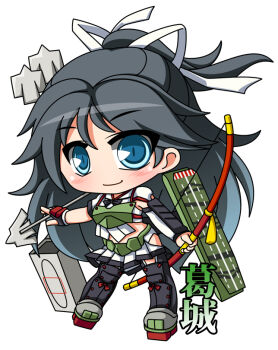 1girl black_thighhighs blue_eyes blush bow_(weapon) character_name chibi chibi_only closed_mouth commentary_request full_body grey_shoes hair_ribbon holding holding_bow_(weapon) holding_weapon kantai_collection katsuragi_(kancolle) katsuragi_kai_(kancolle) miniskirt pleated_skirt ribbon shinjitsu shoes simple_background skirt smile solo standing thighhighs weapon white_background white_ribbon white_skirt