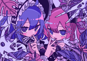 Rule 34 | 2girls, absurdres, animal skull, blue eyes, blue hair, bone hair ornament, bonnet, commentary request, dinosaur, flower, goth fashion, hair ornament, hand up, highres, looking at viewer, multiple girls, nail polish, open mouth, original, plant, purple eyes, purple hair, teira (ooxoo)