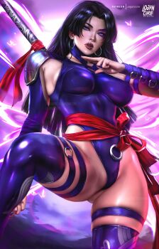 1girl absurdres bare_shoulders black_hair blue_leotard breasts elbow_gloves gloves highleg highleg_leotard highres large_breasts leotard logan_cure long_hair looking_at_viewer marvel marvel_rivals psylocke psylocke_(vengeance) purple_eyes sash solo sword thighhighs weapon x-men