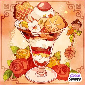 acorn animal-themed_food artist_request cherry cookie flower food food_focus fruit glass in_food lace leaf no_humans orange_background original outside_border parfait picture_frame rabbit red_flower red_rose rose source_request sparkle spoon star_(symbol) third-party_source watermark yellow_flower yellow_rose