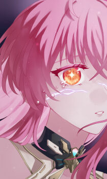 Rule 34 | 1girl, absurdres, aemeath (wuthering waves), aemeath (young) (wuthering waves), commentary, eye reflection, female rover (perpetual spark) (wuthering waves), female rover (wuthering waves), hashtag-only commentary, highres, long hair, looking at viewer, orange eyes, parted lips, pink hair, portrait, psym 2cha, reflection, rover (wuthering waves), solo, star-shaped pupils, star (symbol), symbol-shaped pupils, tears, wuthering waves