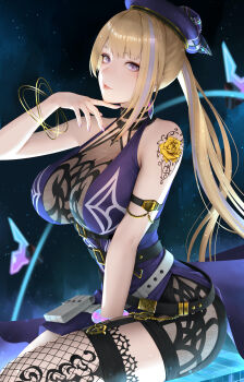 1girl arm_strap bare_shoulders belt black_choker blonde_hair bracelet breasts character_request choker commentary_request commission hat highres jewelry large_breasts long_hair looking_at_viewer multicolored_hair multiple_belts okoge_lab over-kneehighs pantyhose parted_lips phantasy_star phantasy_star_online_2 phantasy_star_online_2_new_genesis purple_eyes shoulder_tattoo sitting skeb_commission sky sleeveless solo star_(sky) starry_sky streaked_hair tattoo thighhighs very_long_hair