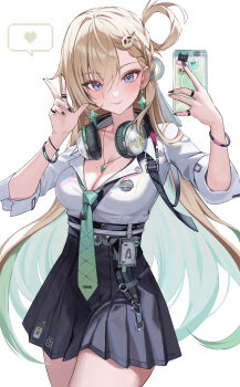 1girl absurdres black_nails black_skirt blonde_hair blue_eyes blush braid braided_bangs breasts cellphone cleavage closed_mouth commentary cowboy_shot fingernails hair_between_eyes hair_ornament hands_up highres holding holding_phone id_card jewelry long_fingernails looking_at_viewer lynae_(wuthering_waves) medium_breasts mole mole_on_breast nail_polish necklace nurie6351 phone shirt shirt_tucked_in simple_background skirt skull_hair_ornament smartphone smile solo w white_background white_shirt wuthering_waves