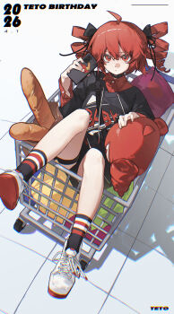 1girl absurdres ahoge bag baguette black_bow black_choker black_jacket black_socks bow bread cellphone character_doll character_name chi_chi_(lofter_2016543390) choker collared_shirt commentary_request dated doll drawstring dress_shirt drill_hair dutch_angle food hair_between_eyes hair_bow hand_up highres holding holding_phone in_shopping_cart jacket kasane_teto legs_up looking_at_viewer paper_bag phone red_eyes red_hair red_shirt shadow shirt shoes shopping_cart short_twintails smartphone sneakers socks solo striped_clothes striped_socks tile_floor tiles twin_drills twintails utau white_shoes