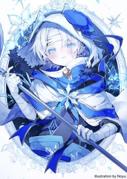 1boy absurdres artist_name bandaged_arm bandaged_head bandages blue_eyes blue_hat blue_ribbon blue_theme blush border cape commentary_request crescent fur-trimmed_hood fur_trim gold_trim hat hat_ribbon highres holding holding_staff hood looking_at_viewer male_focus noyu_(noyu23386566) original ornate_border parted_lips pointy_ears ribbon short_hair snowflakes solo staff upper_body white_background white_cape white_hair white_hood