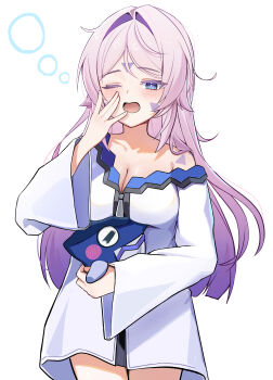 1girl absurdres blue_eyes blush breasts citlali_(genshin_impact) cleavage clothing_request commentary_request cowboy_shot ekaki_hagoromo genshin_impact hair_intakes hand_up highres holding holding_pillow itzpapa_(genshin_impact) long_hair medium_breasts open_mouth pillow pink_hair pink_pupils purple_hair simple_background single_bare_shoulder single_off_shoulder solo very_long_hair white_background