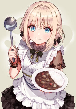 1girl absurdres apron black_bow black_bowtie blonde_hair blue_eyes bow bowtie curry curry_rice food grey_background highres holding holding_ladle holding_plate hololive kazama_iroha kazama_iroha_(maid) ladle looking_at_viewer medium_hair nanado_shion official_alternate_costume plate rice scrunchie see-through_clothes see-through_sleeves smile solo virtual_youtuber white_apron wrist_scrunchie