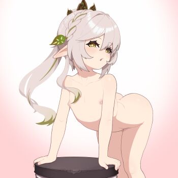 1girl absurdres arched_back ass blush braid breasts collarbone cromachina crown_braid female_focus genshin_impact gradient_hair green_eyes green_hair hair_ornament highres leaf_hair_ornament leaning_forward loli long_hair looking_at_viewer multicolored_hair nahida_(genshin_impact) nipples nude open_mouth pointy_ears side_ponytail sidelocks small_breasts solo symbol-shaped_pupils thighs white_hair