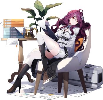 1girl bag black_boots book book_stack boots chair cleavage_cutout clipboard clothing_cutout coffee coffee_pot d-pad d-pad_hair_ornament dress eversoul game_cg hair_ornament hairclip high_heels highres joanne_(eversoul) long_hair long_sleeves looking_to_the_side non-web_source official_alternate_costume official_art paper parted_lips plant potted_plant purple_hair reclining red_eyes sitting solo table tachi-e thighhighs transparent_background turtleneck white_dress white_thighhighs