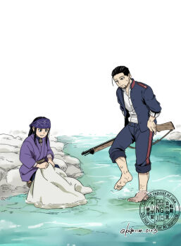 1boy 1girl ainu_clothes asirpa barefoot black_eyes black_hair blue_eyes blue_headband commentary_request earrings facial_hair facial_scar goatee golden_kamuy gun hair_slicked_back headband highres holding holding_gun holding_weapon hoop_earrings jacket jewelry military_uniform moonlight_0423 ogata_hyakunosuke open_clothes open_jacket pants pants_rolled_up rifle river scar scar_on_cheek scar_on_face sidelocks sleeves_rolled_up soaking_feet squatting washing_clothes watermark weapon