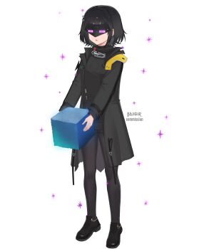1girl adapted_costume arknights arknights:_endfield artist_name bajigurr black_coat black_mask black_pantyhose black_shoes black_sweater coat commentary commission cube enderman endministrator_(arknights) english_commentary eye_mask female_endministrator_(arknights) full_body fusion highres holding long_sleeves mask minecraft open_clothes open_coat pantyhose parted_lips pink_eyes pun shoes short_hair simple_background solo sweater vgen_commission white_background