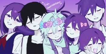 2girls 4boys antenna_hair aubrey_(headspace)_(omori) aubrey_(omori) basil_(headspace)_(omori) basil_(omori) black_hair black_tank_top blue_shirt blush bow brother_and_sister brothers closed_eyes closed_mouth collarbone collared_pajamas collared_shirt colored_skin commentary double-parted_bangs english_commentary flower flower_wreath gradient_background green_hair green_shirt hair_between_eyes hair_bow head_wreath hero_(headspace)_(omori) hero_(omori) highres kel_(headspace)_(omori) kel_(omori) long_hair looking_at_another madai_(si_202) mari_(headspace)_(omori) mari_(omori) multiple_boys multiple_girls neckerchief omori omori_(omori) open_mouth overalls pajamas pink_bow purple_background purple_eyes purple_hair purple_overalls purple_sweater_vest red_neckerchief shirt short_hair short_sleeves siblings sidelocks smile sweater_vest t-shirt tank_top white_pajamas white_shirt white_skin