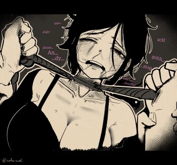 1boy 1girl absurdres andrew_graves ashenmash ashley_graves asphyxiation bdsm black_shirt bra_strap brother_and_sister commentary crying english_commentary english_text hetero highres monochrome nemlei_(style) partially_undressed rope ryona shirt siblings signature snot spot_color strangling teeth the_coffin_of_andy_and_leyley upper_teeth_only violence