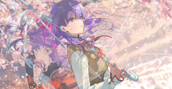 2girls absurdres age_difference aged_down back-to-back black_sailor_collar black_shirt branch breasts brown_vest cherry_blossoms child closed_umbrella collared_shirt commentary_request cross cross_print crying dual_persona english_text falling_petals fate/stay_night fate_(series) floating floating_hair flower hair_ribbon heaven&#039;s_feel highres holding holding_umbrella homurabara_academy_school_uniform long_hair matou_sakura multiple_girls neck_ribbon no_eyes petals pink_flower pink_petals purple_eyes purple_hair red_ribbon ribbon sailor_collar school_uniform shirt transparent transparent_umbrella tree umbrella vest watermark weibo_watermark white_shirt z3zz4