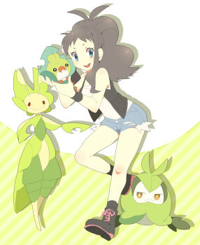 10s 1girl bad_id bad_pixiv_id bare_legs bare_shoulders blue_eyes boots brown_hair bug denim denim_shorts gen_5_pokemon highres hilda_(pokemon) leavanny long_hair looking_at_viewer nintendo no_headwear open_mouth pokemon pokemon_(creature) pokemon_bw ponytail pumpkinpan sewaddle shorts swadloon vest walking