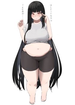 1girl belly big_belly bike_shorts black_hair black_shorts blue_archive blush breasts fat fat_woman grey_shirt hand_in_own_hair japanese_text large_breasts long_hair muffin_top navel nikuniku315 plump red_eyes rio_(blue_archive) shirt shorts solo standing straight_hair sweat t-shirt thick_thighs thighs tight_clothes very_long_hair white_background wide_hips
