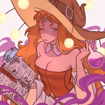 1girl book breasts cleavage commentary curly_hair detached_collar detached_sleeves english_commentary flask frog gluca green_eyes hat highres holding holding_book holding_flask long_hair medium_breasts one_eye_closed orange_hair original round-bottom_flask signature skirt solo strapless thick_eyebrows tube_top upper_body very_long_hair white_skirt witch_hat