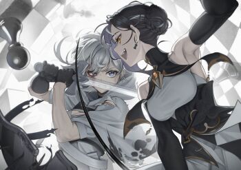 2girls armpits bare_shoulders black_gloves black_hair blood blue_eyes board_game braid breasts capelet checkered_background chess chess_piece chessboard cloak commentary detached_sleeves dress earrings elbow_gloves fang gloves grey_hair hair_bun highres holding holding_sword holding_weapon hood hood_down ine_(vtuber) injury jewelry king_(chess) knight_(chess) lilpa magictuna medium_breasts multicolored_hair multiple_girls open_mouth orange_eyes pawn_(chess) queen_(chess) rook_(chess) short_hair smile streaked_hair sword symbol-only_commentary teeth torn_clothes upper_teeth_only virtual_youtuber waktaverse weapon white_cloak white_hair yellow_eyes