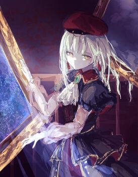 1girl absurdres ascot bang_dream! bang_dream!_it&#039;s_mygo!!!!! beret black_skirt capelet commentary earrings green_hair hat highres jewelry latte_bf long_hair long_sleeves mortis_(bang_dream!) mortis_(costume)_(bang_dream!) picture_frame railing red_hat shirt skirt solo wakaba_mutsumi white_ascot white_shirt yellow_eyes