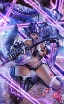 Rule 34 | 1girl, acheron (honkai: star rail), breasts, chain, chain around arm, choker, commentary, english commentary, gloves, hair over one eye, highres, holding, holding sword, holding weapon, honkai: star rail, honkai (series), kuiyanxu, long hair, mixed-language commentary, purple eyes, purple hair, solo, sword, weapon