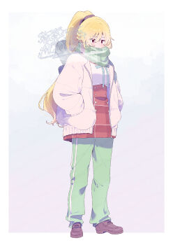 Rule 34 | 1girl, blonde hair, blush, brown shoes, closed mouth, commentary request, full body, green pants, green scarf, hands in pockets, highres, jacket, long hair, long sleeves, magia record: mahou shoujo madoka magica gaiden, mahou shoujo madoka magica, open clothes, open jacket, pants, plaid clothes, plaid skirt, ponytail, red eyes, red skirt, scarf, serizawa serizane, shirt, shoes, simple background, skirt, solo, standing, togame momoko, watermark, white background, white jacket, white shirt, winter clothes