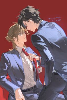 Rule 34 | 2boys, absurdres, adam's apple, bags under eyes, baozaohuang, belt, black belt, black hair, black jacket, blue eyes, blue pants, blue suit, brown hair, buttons, character request, closed mouth, clothes grab, collared shirt, commentary, copyright request, english commentary, eye contact, formal clothes, glasses, hair bun, hand in pocket, highres, id card, jacket, lanyard, looking at another, male focus, mole, mole under eye, multiple boys, necktie, neckwear grab, pants, pocket, rectangular eyewear, red background, red necktie, shirt, shirt tucked in, short hair, sitting, standing, suit, suit jacket, white shirt, yaoi