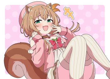 1girl animal_ears ayunda_risu blush breasts brown_hair green_eyes hair_ornament highres hololive hololive_indonesia laughing long_hair looking_at_viewer multicolored_hair open_mouth smile solo squirrel_ears squirrel_girl squirrel_tail tail virtual_youtuber yuu-kun_(inugamikenoy)