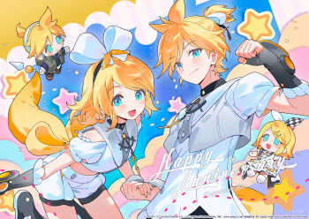 1boy 1girl :d artist_name black_gloves black_sweater blonde_hair blue_eyes blush bow bow_hairband character_name commentary_request fingerless_gloves gloves grey_vest guest_art hairband happy_anniversary highres idol_clothes kagamine_len kagamine_rin kimi_to_sekai_no_hajimari_de_(project_sekai) korean_commentary looking_at_viewer official_art open_clothes open_mouth open_vest ponytail project_sekai second-party_source seoji shirt short_ponytail shorts smile spiked_hair star_(symbol) sweater tongue vest vivid_bad_squad_len vivid_bad_squad_rin vocaloid white_bow white_shirt white_shorts