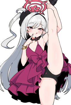 1girl :q absurdres black_bow black_panties blue_archive blush bow cameltoe closed_mouth dress finger_to_mouth grey_hair halo highres loli long_hair looking_at_viewer mago_cats mesugaki mutsuki_(blue_archive) mutsuki_(dress)_(blue_archive) panties pointy_ears purple_eyes red_dress red_halo simple_background sleeveless sleeveless_dress smile solo split standing standing_on_one_leg standing_split tongue tongue_out underwear very_long_hair white_background