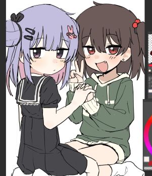 2girls :d blush brown_eyes brown_hair child fang hair_bobbles hair_ornament holding_hands hood hoodie interlocked_fingers lakilolom long_sleeves looking_at_viewer multiple_girls open_mouth original purple_eyes purple_hair red_eyes sitting smile socks two_side_up