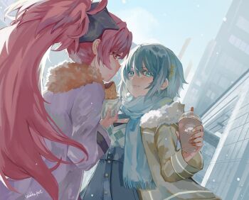 2girls argyle_clothes argyle_shirt black_bow blue_eyes blue_hair blue_scarf blue_shirt blue_skirt bow brown_jacket building buttons commentary_request cup denim denim_skirt disposable_cup drink eating fingernails food fur_scarf grin hair_bow hair_ornament hairclip holding holding_drink hood hood_down hooded_jacket jacket kyubey light_blush logo long_hair long_sleeves looking_at_viewer magia_record:_mahou_shoujo_madoka_magica_gaiden mahou_shoujo_madoka_magica miki_sayaka miki_sayaka_(winter_costume) multiple_girls official_alternate_costume purple_jacket red_eyes red_hair rekoku sakura_kyoko sakura_kyoko_(winter_costume) scarf shirt short_hair skirt sky smile snowing taiyaki wagashi winter winter_clothes