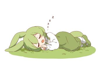 ... 1girl :d animal_ears blush collared_shirt dress facing_viewer frilled_dress frills grass green_dress green_hair green_shoes highres long_dress long_sleeves lying ojou-sama_zundamon on_side open_mouth own_hands_together pinafore_dress rabbit_ears rabbit_girl shirt shoes sidelocks sleeping sleeveless sleeveless_dress smile socks solo voicevox white_shirt white_socks zundamon zungurimukkuri_tarou zzz