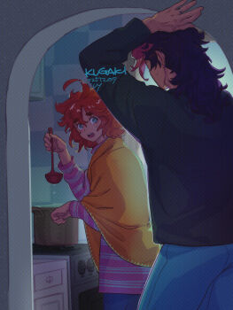 Rule 34 | 1boy, 1girl, ahoge, aqua eyes, artist name, black hair, black sweater, blue pants, blue sky, commentary request, cooking, dated, guel jeturk, gundam, gundam suisei no majo, hair between eyes, holding, holding ladle, indoors, ivy hermit, kitchen, ladle, long hair, looking at another, messy hair, mullet, multicolored hair, open mouth, orange shawl, pants, pink hair, pink sweater, red eyes, shawl, sky, striped clothes, striped sweater, suletta mercury, sweat, sweater, thick eyebrows, two-tone hair, upper body