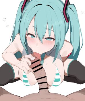 1boy 1girl absurdres aqua_bikini aqua_eyes aqua_hair aqua_necktie bar_censor bare_arms bare_shoulders bikini black_thighhighs blush breasts censored commentary_request detached_collar erection fellatio hair_between_eyes hatsune_miku heart hetero highres large_breasts licking licking_penis long_hair looking_at_viewer micro_bikini miku_collar_bikini mukana_meme multicolored_bikini necktie oral penis penis_grab pov pov_crotch revision simple_background solo_focus striped_bikini striped_clothes sweatdrop swimsuit thighhighs tongue tongue_out tsurime twintails two-tone_bikini vocaloid white_background