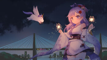 1girl azur_lane bridge city commentary_request detached_sleeves fireworks flower hair_flower hair_ornament highres japanese_clothes kimono long_hair night obi purple_eyes purple_hair sash short_kimono smile unicorn_(azur_lane) unicorn_(prayer_of_plum_and_snow)_(azur_lane) wide_sleeves xiao_shi_lullaby