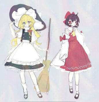 2girls apron ascot black_shoes black_skirt black_vest blonde_hair bow braid broom brown_eyes brown_hair closed_mouth detached_sleeves frilled_hair_tubes frills full_body grey_background hair_bow hair_tubes hakurei_reimu hand_on_headwear hat hat_bow holding holding_broom jill_07km kirisame_marisa long_hair looking_at_viewer mary_janes multiple_girls puffy_short_sleeves puffy_sleeves red_bow red_skirt shoes short_sleeves side_braid simple_background single_braid sketch skirt skirt_set socks touhou very_long_hair vest waist_apron white_apron white_bow white_socks witch_hat yellow_ascot yellow_eyes