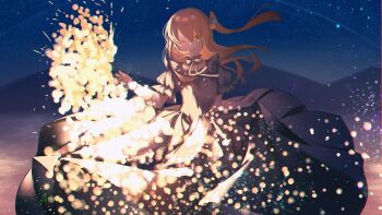 1girl alternate_costume blue_choker blue_dress bocchi_the_rock! bow choker cube_hair_ornament dress fire fireworks hair_between_eyes hair_ornament hazy_(artist) highres holding holding_fireworks kita_ikuyo looking_at_viewer night night_sky official_alternate_costume one_eye_closed one_side_up open_mouth red_hair ribbon skirt sky smile solo solo_focus sparkler star_(sky) yellow_eyes