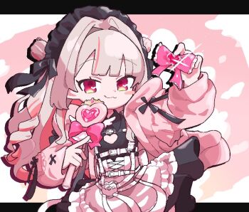 1girl :3 alternate_hairstyle apron arm_up back_bow belt black_dress black_headdress black_ribbon blunt_bangs blush_stickers bow chest_harness cleavage_cutout clothing_cutout collared_dress colored_inner_hair corset cowboy_shot cross-laced_clothes cross-laced_corset double_bun dress drill_hair frilled_jacket frilled_shirt_collar frills grey_hair hair_bun hair_intakes hair_over_shoulder harness hashtag-only_commentary heart heart_cutout heart_o-ring heart_wand holding holding_bow_(ornament) hood hood_down hooded_jacket jacket letterboxed long_hair looking_at_viewer loose_belt maid maid_headdress makaino_ririmu makaino_ririmu_(5th_costume) multicolored_hair multiple_belts nijisanji o-ring o-ring_belt o-ring_harness open_clothes open_jacket outside_border pink_background pink_hair pink_jacket pink_streaks pointy_ears pooop_hrsz red_eyes ribbon short_dress side_up_bun sidelocks single_blush_sticker sleeves_past_wrists smile solo sparkle standing streaked_hair two-tone_hair two_side_up virtual_youtuber waist_apron wavy_hair white_apron white_belt white_corset winged_heart