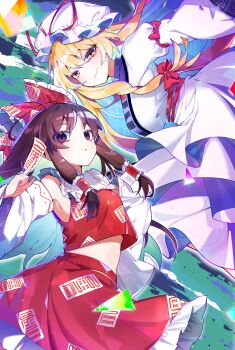 2girls absurdres between_fingers blonde_hair bow breasts brown_eyes brown_hair closed_mouth commentary detached_sleeves dress embellished_costume frilled_bow frilled_hair_tubes frills hair_bow hair_tubes hakurei_reimu hat hat_ribbon highres holding large_breasts long_hair long_sleeves looking_at_viewer midriff_peek mob_cap multiple_girls ofuda ofuda_between_fingers ofuda_on_clothes open_mouth purple_tabard red_bow red_skirt ribbon sia_6767 skirt skirt_set sleeve_bow smile tabard touhou white_dress white_hat wide_sleeves yakumo_yukari yellow_eyes