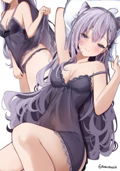 1girl absurdres black_camisole black_panties blush breasts camisole commentary cone_hair_bun english_commentary grey_hair hair_bun highres hololive hololive_indonesia lingerie long_hair looking_at_viewer medium_breasts multiple_views panties rokusketch smile underwear vestia_zeta virtual_youtuber white_background