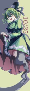 1girl :d absurdres black_hat black_ribbon breasts commentary_request cropped dated dress frills full_body ghost_tail green_background green_dress green_eyes green_hair grey_background hat hat_ribbon highres large_breasts long_sleeves looking_at_viewer ofuda ofuda_on_clothes open_mouth puffy_long_sleeves puffy_sleeves ribbon short_hair skirt_hold smile soga_no_tojiko solo tate_eboshi touhou two-tone_background xing_mao_yin_(ksyd4458)