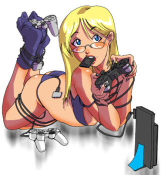 1girl bdsm blonde_hair blue_eyes bondage bound bra cable female_focus game_console glasses lingerie lowres panties playstation_2 plug socks solo underwear underwear_only