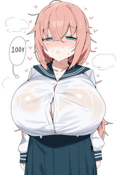 1girl absurdres blush breasts button_gap citizen_k_(pngj5475) green_eyes heart highres hug implied_prostitution loli long_hair michinoku_komaro oppai_loli orange_hair ponytail school_uniform see-through_clothes seitokai_ni_mo_ana_wa_aru! solo speech_bubble sweat