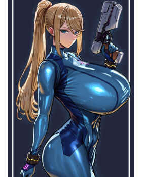 1girl absurdres alternate_breast_size_(larger) blonde_hair blue_bodysuit blue_eyes bodysuit breasts commentary curvy english_commentary highres holding huge_breasts long_hair looking_at_viewer metroid mole mole_under_mouth nintendo paralyzer ponytail samus_aran shiny_clothes skin_tight smile solo super_smash_bros. taut_bodysuit very_long_hair weapon wolffeld_price zero_suit